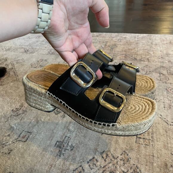 J. Crew Black Leather Double Strap Block Heel Espadrilles SZ 8 Made in Spain - Picture 7 of 15